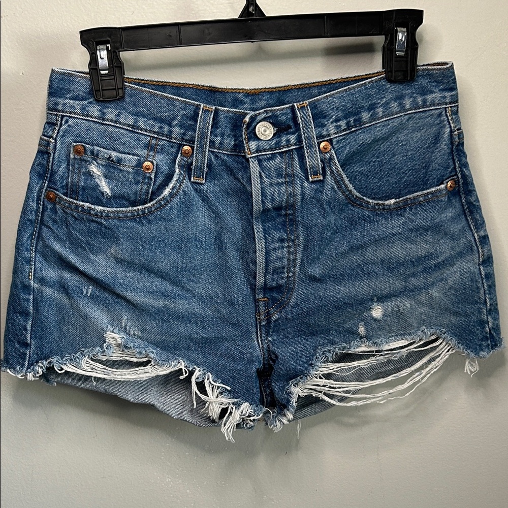 Levi's 501 Original Premium Denim Cotton Distressed Cut-Off Blue Jean Shorts - Picture 2 of 11